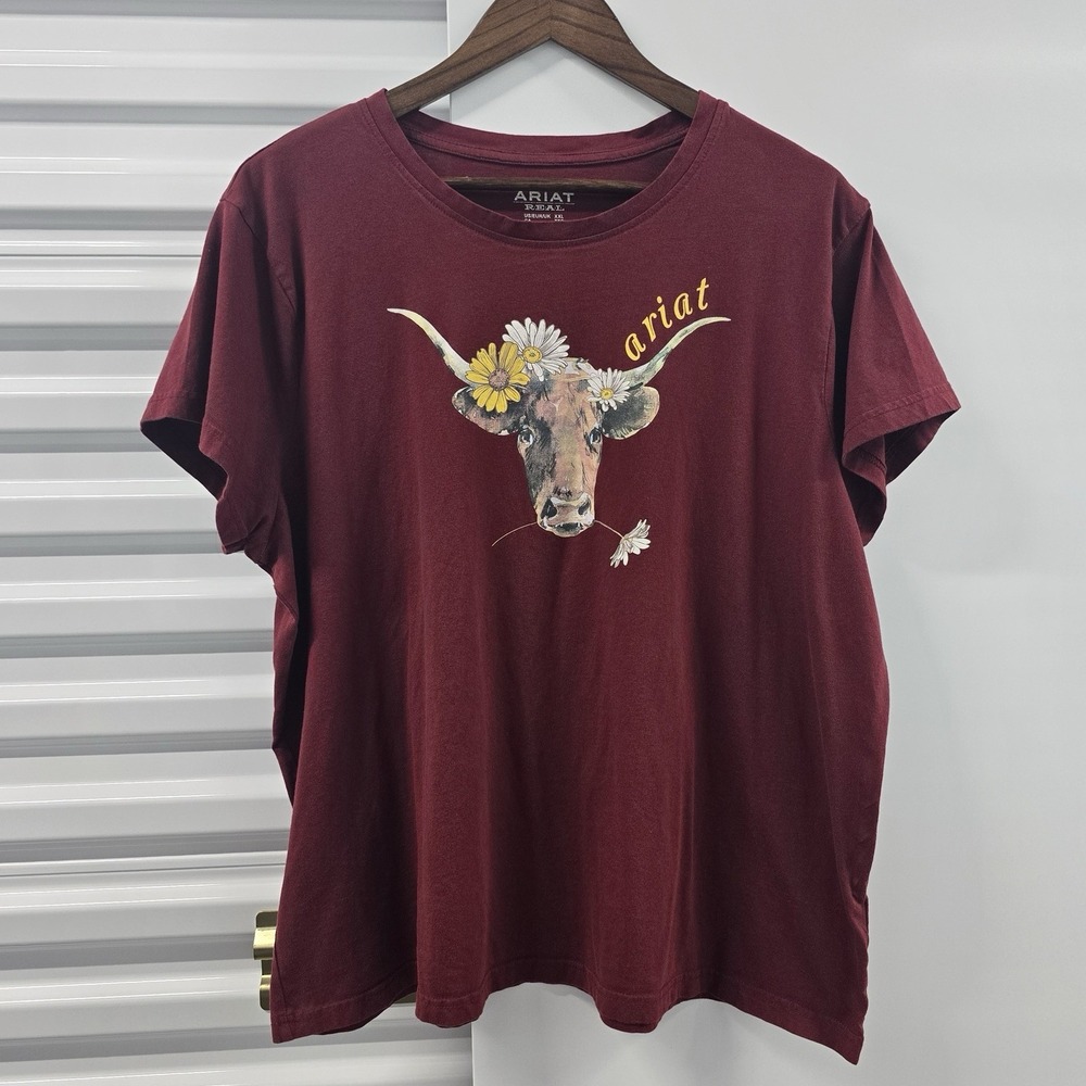 Ariat REAL Womens XXL Burgundy Cow Floral Graphic T Shirt Western Relaxed Fit
